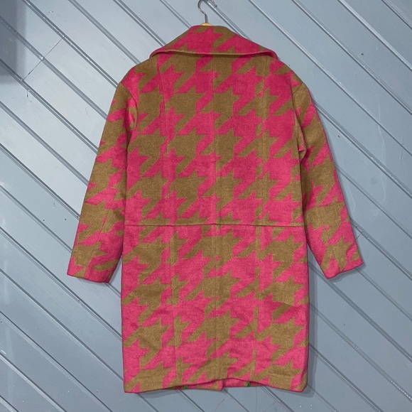 Avec Les Filles Wool Blend Brown Pink Oversized Houndstooth Printed Coat - Picture 6 of 10